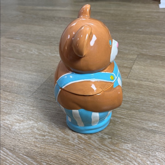 Vintage Teddy Bear Blue Striped Overalls Ceramic Cookie Jar Cottage Core - Picture 4 of 10